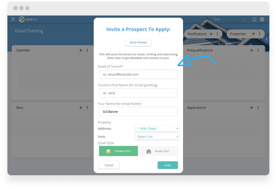 Fill out the Invitation Card with the tenant’s email, first name, and the property and unit.
